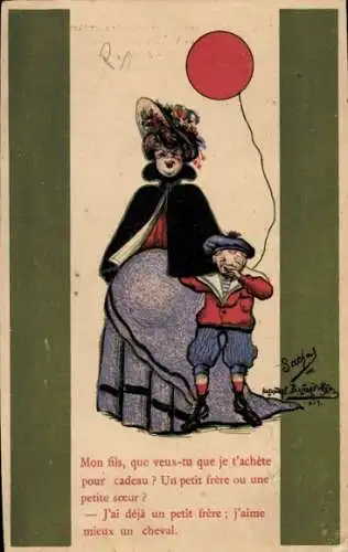 Künstler Ak Schwangere Frau, Kind mit Ballon