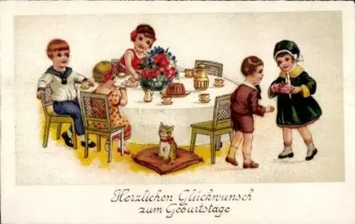 Ak Glückwunsch Geburtstag, Kinder am Tisch, Blumen, Katze