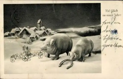 Ak Glückwunsch Neujahr, Schweine, Hufeisen