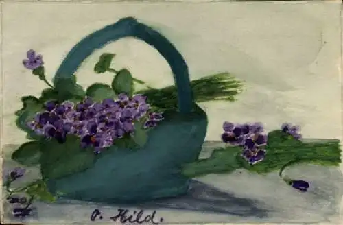 Handgemalt Ak Blumenkorb, Violette Blumen