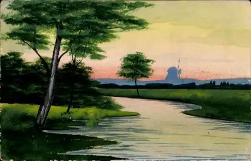 Handgemalt Ak Fluss, Baum, Windmühle