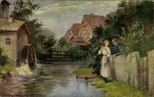 Künstler Ak Holm, Mühle am Bach, Wassermühle, Liebespaar