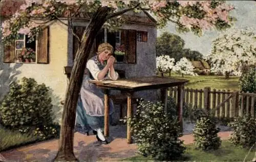 Künstler Ak Bernhart, P., Blütenzauber, Frau am Tisch, Blühender Baum