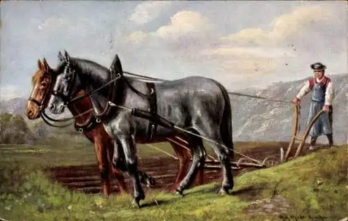 Künstler Ak Landwirtschaft, Bauer, Pflug, Pferde, Ackerarbeit