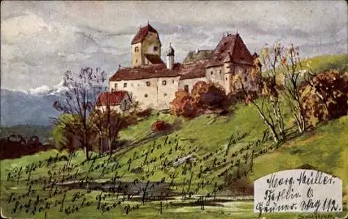 Künstler Ak Schloss, Burg, Wiese, Bäume, Bewölkter Himmel