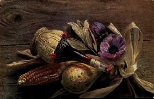 Ak Weinflasche, Blumen, Mais, Birne