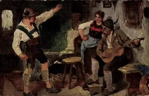 Ak Tiroler Tracht, Musizierender Mann, Gitarre, Wohnstube