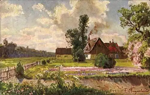Künstler Ak Bayerlein, Dorfidyll, Wohnhaus, Blumenwiese, Blühender Baum