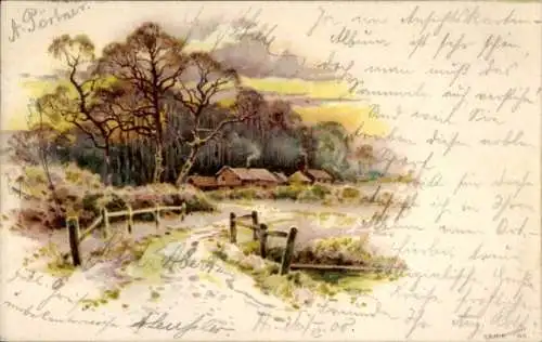 Litho Kitsch, Kleines Dorf, Wohnhäuser, Bäume