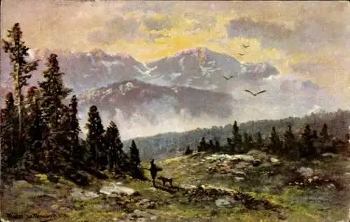 Künstler Ak Müller, Mann mit Hund, Jäger, Gebirge, Landschaft