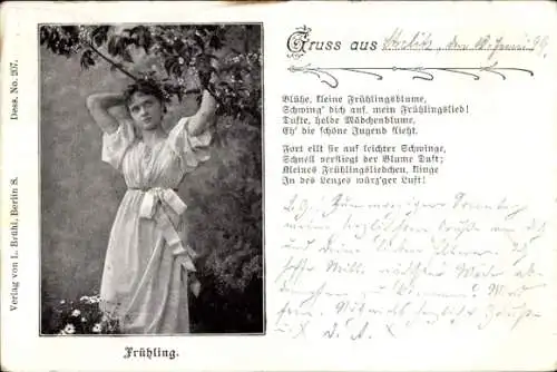 Ak Frühling, Frau in weißem Kleid, Porträt