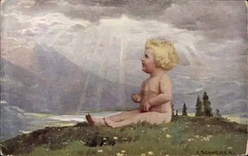 Künstler Ak Schneider, E., Vom Himmel gefallen, Baby, Blumenwiese