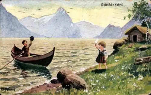 Künstler Ak Hoffmann, Ad., Glückliche Fahrt, Kinder, Abschied, Ruderboot