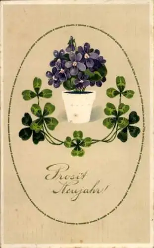 Präge Ak Glückwunsch Neujahr, Glücksklee, Blumen, Blumentopf