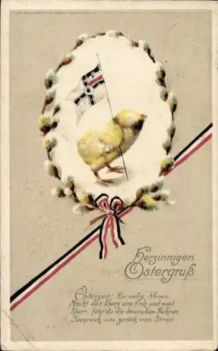 Präge Ak Glückwunsch Ostern, Küken, Fahne, Weidenkätzchen