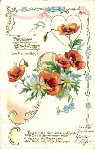 Präge Litho Glückwunsch Namenstag, Mohn, Margeriten, Vergissmeinnicht