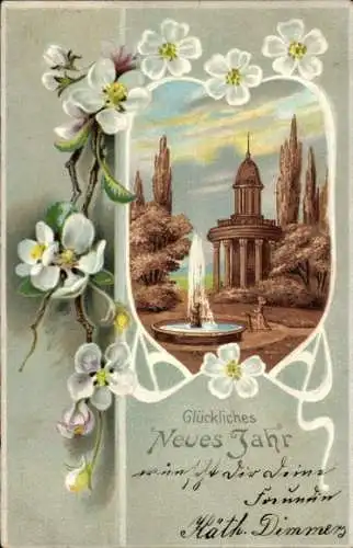 Litho Glückwunsch Neujahr, Blumen, Springbrunnen, Pavillon