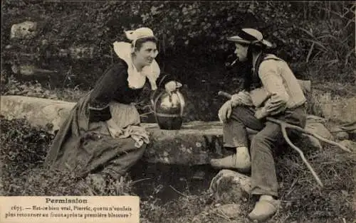 Ak Bretonische Tracht, Paar, Gespräch, Krug
