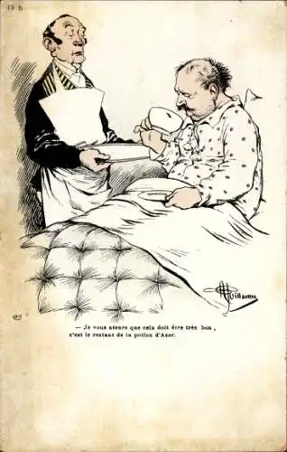 Künstler Ak Kranker Mann im Bett, Werbung, Biscuits Germain
