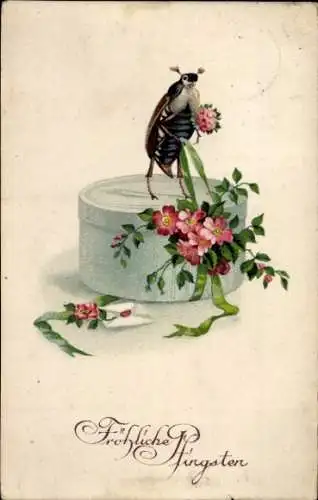 Ak Glückwunsch Pfingsten, Maikäfer, Truhe, Blumen