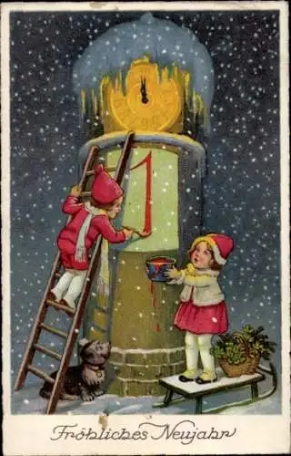 Ak Glückwunsch Neujahr, Mädchen, Kalender, Turmuhr, Schlitten, Hund