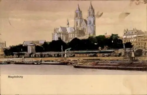 Ak Magdeburg an der Elbe, Dom, Lastkähne am Elbufer
