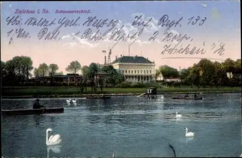 Ak Zwickau in Sachsen, Schwanenteich mit Schwanenschloss