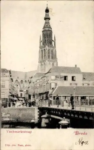 Ak Breda Nordbrabant, Vischmarktstraat, Brücke, Geschäftstraße, Kirchturm