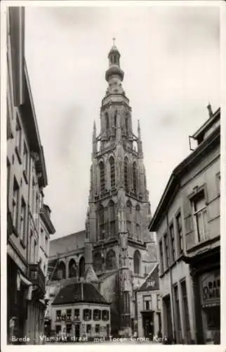 Ak Breda Nordbrabant Niederlande, Breda Vismarkt straat met Toren Grote Kerk