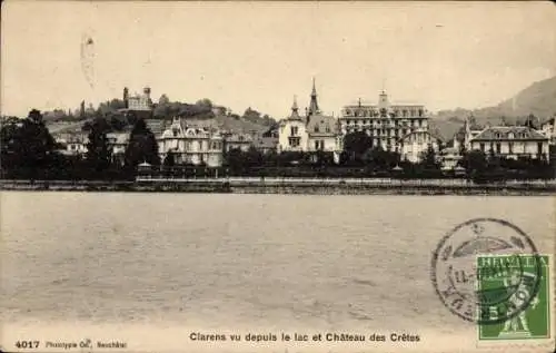 Ak Clarens Montreux Kanton Waadt, Panoramablick auf das Schloss des Crêtes, Villen am See