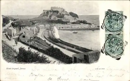 Ak Gorey Jersey Kanalinseln, Mont Orgueil Castle, Eisenbahnschienen, Dampflok