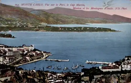 Ak Monte Carlo Monaco, Blick auf den Hafen, Cap Martin, Menton, italienische Berge, 254. Monte Ca