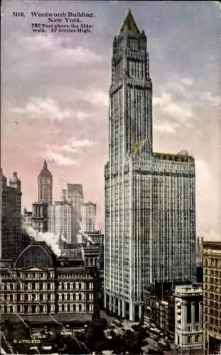Ak New York City USA, Woolworth Building, 57 Stockwerke hoch, 750 Fuß über dem Bürgersteig, Farbe