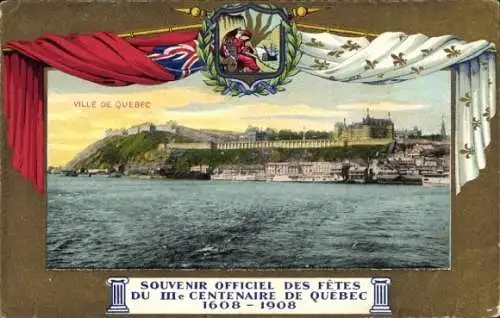 Ak Quebec Kanada, Montmorency River, Blick auf die Stadt  Festwimpel, Wappen, Jahr 1608-1908