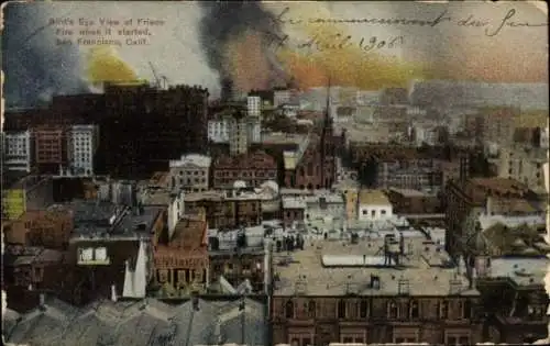 Ak San Francisco Kalifornien USA, Vogelperspektive auf Frisco, Feuerbeginn, Stadtansicht, 1906