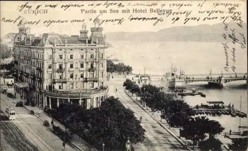 Ak Zürich Stadt Schweiz, Hotel Bellevue, Stadtansicht am See, Menschen, Boote