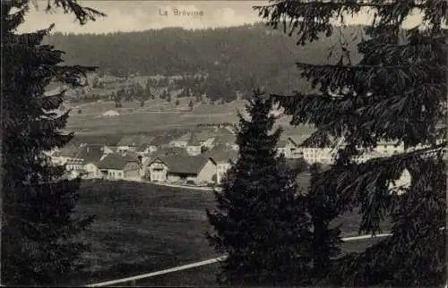 Ak La Brèvine Kanton Neuenburg, Landschaftsblick, Ortschaft, Berge, Nadelbäume, 