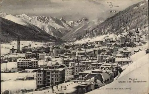 Ak Davos Dorf Kanton Graubünden,  Tinzenhorn, verschneite Stadt, Alpenlandschaft