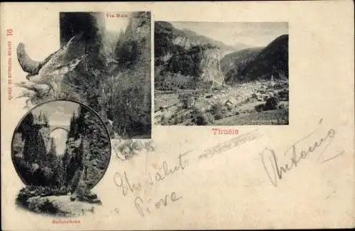 Ak Thusis Kanton Graubünden, Fotografien von Via Mala, Solisbrücke, malerische Landschaft, Thusis