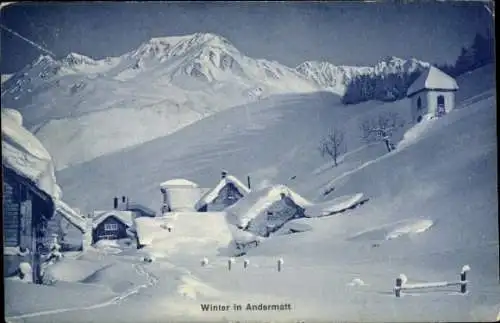 Ak Andermatt Kanton Uri, Winterlandschaft, schneebedeckte Hütten, Berge, Winter in Andermatt