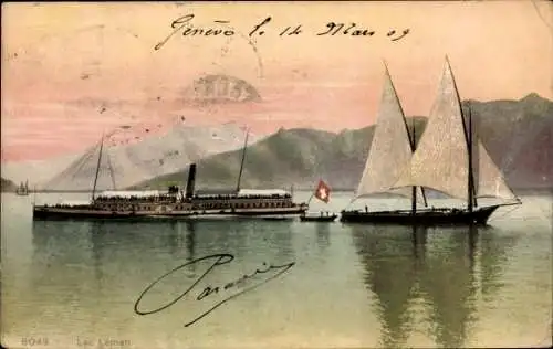 Ak Genf Kanton Schweiz, Lac Leman, Dampfschiff auf dem Genfersee, Segelschiff, Berglandschaft, sc
