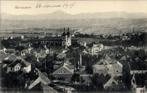 Ak Bohosudov Mariaschein Region Aussig, Vogelschau auf den Ort, Kirche