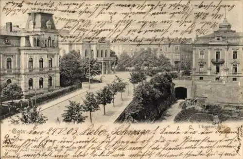 Ak Eger Erlau Ungarn, Historische Gebäude, Straße, Bäume,  aus Eger