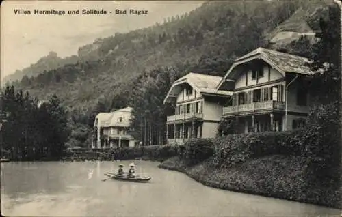 Ak Bad Ragaz Kanton St. Gallen, Zwei Villen, Boot auf dem Wasser, Wald, ruhige Landschaft