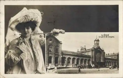 Ak Liège Lüttich Wallonien, Frau mit Hut, Bahnhof von   Architektur