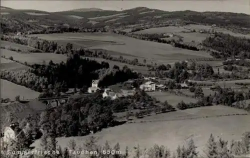 Ak Tauchen Mönichkirchen in Niederösterreich, Berglandschaft, Kirche, Bauernhäuser, Wiesen, Wälde