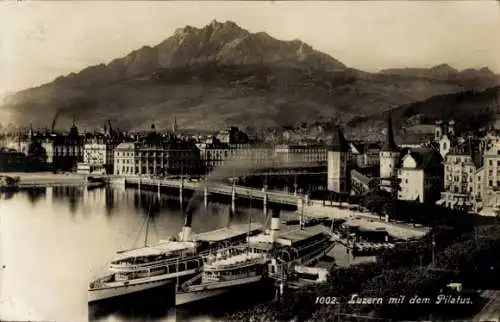 Ak Lucerne Luzern Stadt Schweiz, Luzern mit dem Pilatus, Berge, See, Boote, Stadtansicht