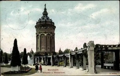 Ak Mannheim in Baden, Wasserturm, Arkaden, Gartenanlage,  
