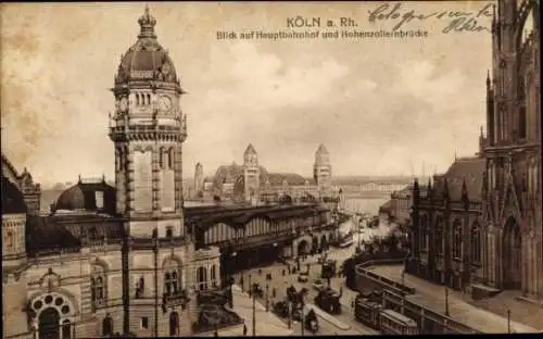 Ak Köln am Rhein, Blick auf Hauptbahnhof und Hohenzollernbrücke