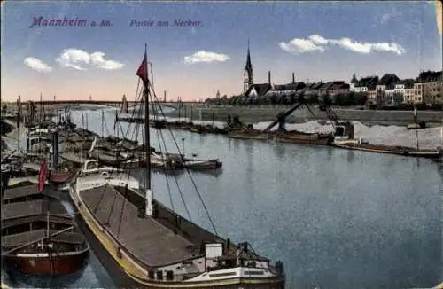 Ak Mannheim in Baden, am Neckar, Kirchturm, Lastboote